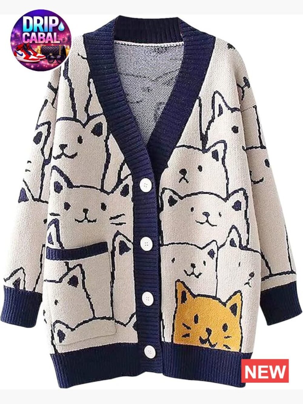 Oversized Cat Print V-Neck Knit Cardigan Sweater Kawaii Cartoon Button Down